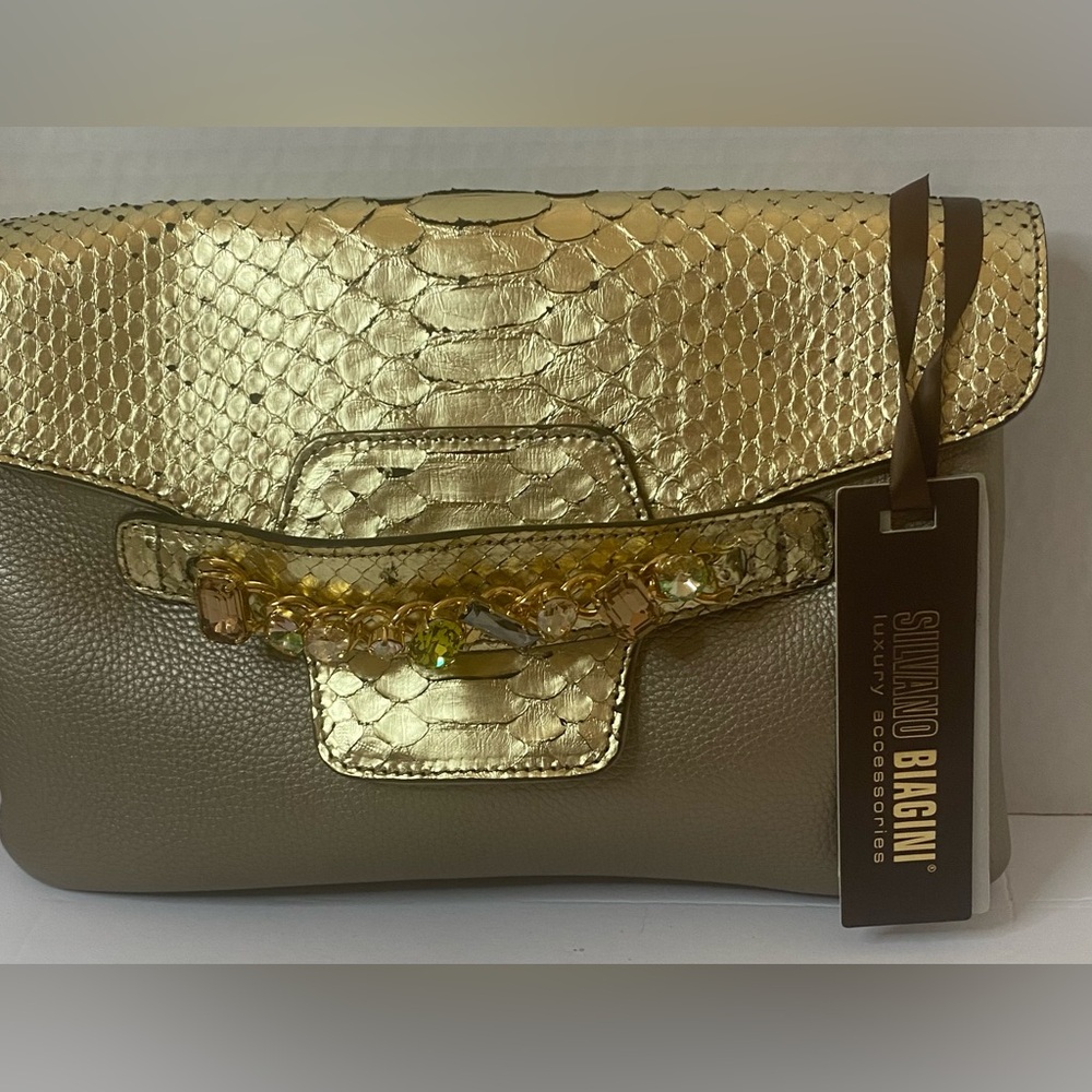Silvano Biagini matte gold leather with bright gold snakeskin adjustable strap